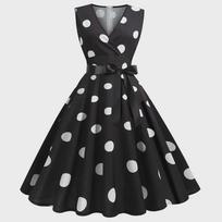 Retro taškuota klostuota suknelė su diržu - Audrey Hepburn stiliaus L juoda