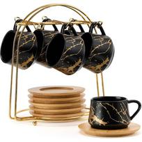 Keraminiai espreso puodeliai su lėkštutėmis ir metaliniu stoveliu, Maži 4 oz porcelianiniai demitasse puodeliai, 6 vnt. rinkinys, Mieli kapučino kavos Set of 6