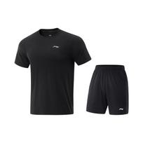 Li Ning Table Tennis Series Solid Color Breathable Versatile Short Sleeve T-Shirt And Mid Waist Shorts Casual Sports Set Men sets Black AATV071-1 XL black