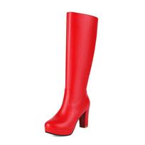 Seksualūs moteriški aukštakulniai batai iki kelių, apvalaus priekio, masyviais kulnais, 9 cm, platforma 2 cm, 45 46 47, moteriški pasimatymų aulinukai 34 raudona