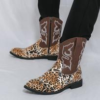 Mados dizainerio vyriški retro vakarietiški kaubojiški batai Vyriški su leopardų rašto intarpais ir siuvinėjimu, vidutinio ilgio odiniai batai Dizainerio laisvalaikio avalynė 38