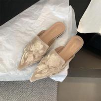 Madingos veliūrinės siuvinėtos gėlių klumpės moterims Elegantiški batai Smailus uždarotas pirštas Šlepetės Įsispiriami plokščiapadžiai šlepetės Moterys Šlepetės Sandalai 35