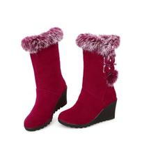 Wedge heel wool cotton boots, rabbit fur wedge heel medium boots, thickened warm winter boots for women, join 34 raudona