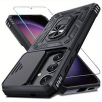 Apsauginis dėklas, skirtas Samsung Galaxy S25 S24 Ultra S23 Plus S22 S21 S20 FE 5G, su grūdinto stiklo ekrano apsauga, žiedu, stoveliu, slankiojančiu kameros dangteliu Galaxy S21 5G juoda