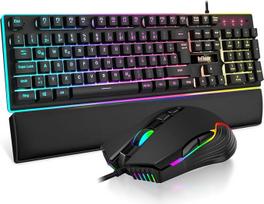 "RedThunder K10" žaidimų klaviatūros ir pelės rinkinys, QWERTZ DE išdėstymas, metalinė plokštelė ir riešo atrama, RGB apšvietimas ir 7D ergonominis apšvietimas, skirtas kompiuterinių žaidimų žaidėjams (juodas)