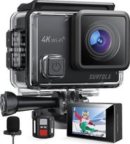"Surfola 4K Action Cam", 40 m povandeninė kamera su stabilizavimu, 170° plačiu kampu, išoriniu mikrofonu, 2 įkraunamomis baterijomis, nuotolinio valdymo pultu ir tvirtinimo priedais, skirta nardymui