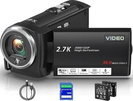 2,7K 56MP vaizdo kamera 16X skaitmeninis priartinimas Vlogging kamera su LED užpildymo šviesa "YouTube", 2,8 colių LCD ekrano vaizdo kamera su 32GB SD kortele, 2 baterijomis