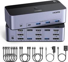 UGREEN HDMI + "Displayport" KVM jungiklis 2 kompiuteriai 3 monitoriai 8K60Hz su 4 USB 3.0 prievadais, mygtukų ir darbalaukio valdiklio perjungimas, suderinamas su "Windows/Linux/MacOS" ir kt.