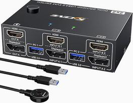 "Displayport" + HDMI KVM jungiklis 2 kompiuteriams 2 monitoriams 4K @ 60Hz, MLEEDA Dviejų monitorių KVM jungiklis su 4 USB 3.0 prievadais, skirtas 2 kompiuteriams dalytis 2 monitoriais ir klaviatūra, pele, spausdintuvu, nuotolinio valdymo kabeliu, USB kab