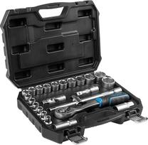 "Högert Technik" - 24 dalių 1/2 colio veržliarakčių rinkinys su reketiniais raktais, reketėmis, 8-32 mm galvutėmis, pagamintas iš CrV plieno, dėkle, skirtas dirbtuvėms ir garažui