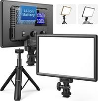 "RALENO" LED fotoaparato vaizdo šviesa, įmontuotos įkraunamos baterijos, 3200 K - 5600 K, reguliuojamas dviejų tonų ryškumas ir CRI95+, itin plona vaizdo šviesa su LCD ekranu kūdikiams, "YouTube", interviu, portretui