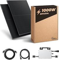 1000 W galios balkono elektrinė XL be laikiklio (dviaukštė), 800 W galios balkono elektrinė, sukomplektuotas lizdas, 5 m kabelis, 800 W inverteris, saulės sistemos komplektas, 2 x 500 W saulės moduliai