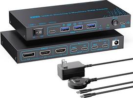 2 nešiojamieji kompiuteriai 3 monitoriai KVM jungiklis 2 prievadai MST Dvigubas USB-C dokas KVM palaiko tris monitorius Maksimalus 10Gbps USB perdavimas Du 4K@60Hz ir vienas 1080P@60Hz vaizdo išvestis 100W PD įkrovimo funkcija