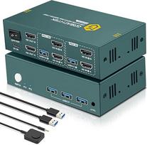 HDMI USB 3.0 KVM jungiklis 2 kompiuteriams 2 monitoriams, 4K 60Hz KVM jungikliai, 2 kompiuterių 2 monitorių jungiklis su 2 USB kabeliais, skirtas dalytis klaviatūra, pele, spausdintuvu ir palaikantis iki 3 USB įrenginių