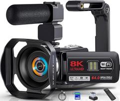 HD 8K 8K 64MP WiFi vaizdo kamera su IR naktinio matymo funkcija, skirta "YouTube", 3 colių jutiklinis ekranas, 18 kartų skaitmeninis priartinimas, interneto kamera su baterijomis, 64GB SD kortele, mikrofonu, stabilizatoriumi ir
