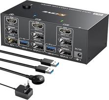 USB 3.0 KVM jungiklis 2 kompiuteriams 3 monitoriams 8K @ 60Hz 4K @ 144Hz, trijų monitorių KVM jungiklis 2 ekrano prievadai + 1 HDMI, skirtas 2 kompiuteriams dalytis 4 USB įrenginiais Pelė, klaviatūra, laidinis nuotolinio valdymo pultas (8K HDMI DP 2 in 3