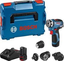 "Bosch Professional" 12V sistemos GSR 12V-35 FC akumuliatorinis gręžtuvas, įskaitant 4 x "FlexiClick" priedus, 2 x 3,0 Ah akumuliatorių, GAL 12V-40 greitąjį įkroviklį, L-BOXX 102 - "FlexiClick" sistema