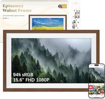 "Frameo" didelis skaitmeninis nuotraukų rėmelis WLAN 15,6 colių 94 % sRGB 1920 x 1080 FHD IPS jutiklinis ekranas, riešutmedžio medienos elektroninis nuotraukų rėmelis su 32GB, nuotraukų ir vaizdo įrašų dalijimasis per "Frameo" programėlę