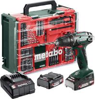 "metabo BS 18" akumuliatorinių gręžtuvų rinkinys - 18 V, 74 dalių, mobilios dirbtuvės - gręžimo griebtuvas be rakto, diržo kablys, LED darbinė lemputė - yra 2 x LiPOWER (2,0 Ah), įkroviklis ir plastikinis dėklas
