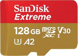 "SanDisk Extreme microSDXC UHS-I" atminties kortelė 128GB + adapteris (išmaniesiems telefonams, veiksmo kameroms ir dronams, A2, C10, V30, U3, 190MB/s perdavimo greitis, RescuePRO Deluxe)