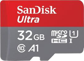 "SanDisk Ultra microSDHC UHS-I" atminties kortelė, 32GB, su adapteriu, skirta "Android" išmaniesiems telefonams ir planšetiniams kompiuteriams, A1, 10 klasės, U1, "Full HD" vaizdo įrašai, iki 120MB/s skaitymo greitis.