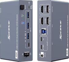 KVM jungiklis 2 monitoriai 1 stalinis kompiuteris 1 nešiojamasis kompiuteris 4K@60Hz, "7-in-1" dviejų monitorių KVM jungiklis, 2 HDMI ekranai, 4 x USB 3.0, PD 80W, su laidiniu nuotolinio valdymo pultu ir USB-C kabeliu