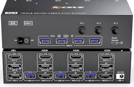 KVM jungiklis 3 kompiuteriams 3 monitoriams 8K @ 60Hz 4K @ 144Hz, MLEEDA HDMI + 2 "Displayport" KVM jungiklis trims monitoriams 3 kompiuterių dalims 3 monitoriams ir 4 USB 3.0 įrenginiams su 12 V nuolatinės srovės maitinimo šaltiniu, laidinis nuotolinio v