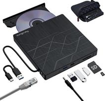 Super išorinė DVD laikmena, USB 3.0 CD laikiklis su Ethernet adapteriu, 3 USB ir 2 TF/SD kortelių lizdai, išorinė optinė laikmena ir CD grotuvas nešiojamam kompiuteriui, PC, Windows, Linux, Mac OS su laikikliu