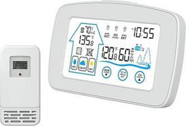 Vidinė lauko temperatūra Drėgmės matuoklis Jutiklinis ekranas Orų prognozė Duomenų kaupiklis Meteorologinė stotis Elektroninis laikrodis su foniniu apšvietimu Skaitmeninis