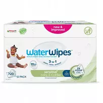 WATERWIPES_3in1 Sensitive+ Kūdikių ir mažų vaikų drėgnos servetėlės, kurių sudėtyje yra 99,9 % vandens, 12 pakuočių po 60 vnt.