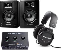 "M-Audio M-Track Solo", BX3 ir HDH40 - garso sąsaja, 3,5 colio studijiniai monitoriai ir studijinės ausinės per ausis