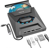 Išorinis CD DVD diskas nešiojamajam kompiuteriui, USB-C CD grotuvas, nešiojamasis CD DVD +/-RW ROM įrašymo įrenginys su SD kortelių skaitytuvu, USB 3.0 Type-C koncentratorius, suderinamas su nešiojamuoju kompiuteriu, kompiuteriu, "Windows Linux