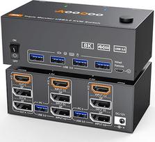 KVM jungiklis 2 kompiuteriai 3 monitoriai 4K @ 144Hz 8K @ 60Hz, trijų monitorių HDMI + 2 "Displayport" KVM jungiklis su 4 USB 3.0 prievadais, laidiniu nuotolinio valdymo pultu, maitinimo šaltiniu ir USB 3.0 kabeliu