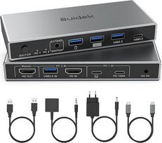 USB-C+HDMI KVM perjungiklis 2 in 1 Out 4K@60Hz aliuminis su USB 3.0 prievadais 1 nešiojamajam ir 1 staliniam kompiuteriui, 1 monitoriui, klaviatūrai, pelei ir spausdintuvui, su USB kabeliu / valdikliu