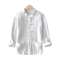 Vyriški pavasariniai ir rudeniniai marškiniai ilgomis rankovėmis su diskinėmis sagomis, laisvi, kvėpuojantys, su stovinčia apykakle, retro, lininiai 5XL white
