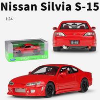 1/24 mastelio Welly Nissan Silvia S-15 lydinio automobilio modelis Metaliniai žaisliniai transporto priemonės Modelis Aukštas modeliavimas Kolekcija Vaikų dovanos 1/24-18.6x7.4x5.3cm raudona
