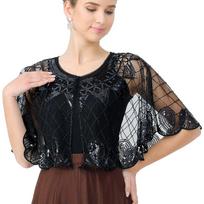 Moterų XX a. XX a. skara karoliukais su blizgučiais dekoruota vakarinė skara Bolero, dangtelis, permatomas šukuotu kraštu. One Size