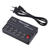 12 prievadų 5V 3.5A 12A USB maitinimo greito įkrovimo stotelė iPhone 16/1514/13/12 Plus iPad LG Samsung Huawei EU US adapterio įkroviklio lizdas EU Plug juoda