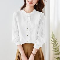 Apricot Embroidered Shirt Women's Long-sleeved Spring Fungus Collar Top Pure Cotton Women's Shirt M balta