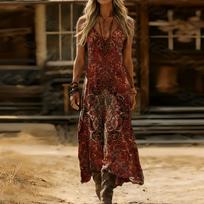 Women's Vintage Bohemian Printed V-Neck Sling Dress L smėlis