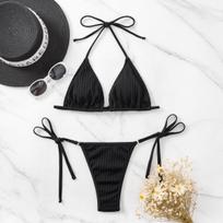 Moteriški maudymosi kostiumai Vienspalviai kabantis kaklelis Seksualus šoninis kaklaraištis žemu juosmeniu grandinėlės bikinio paplūdimio kostiumas maudymosi kostiumėliai M juoda