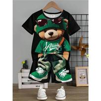 Children's set Tween Boy Graffiti Cool Teddy Bear Casual Streetwear Short Sleeve T-Shirt And Shorts Set, Big Kids 120
