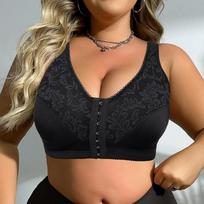 Nėriniuotas belaidis liemenėlė moterims, didelių dydžių, patogus priekinis užsegimas, apatinis trikotažas mamai, 0XL 4XL juoda