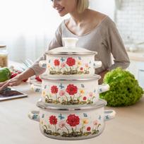 3 Emaliuoti puodai su rankenomis ir dangčiais sriuboms, troškiniams, pupelėms, indukcinei, dujinei, buitinei virtuvei Red Flower