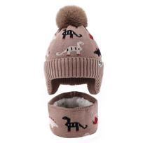 Cartoon Dinosaur Wool Pom-Pom Hat & Scarf Set: Thickened Knit for Autumn/Winter, Ear-Protecting Warmth