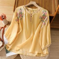 Women's Casual Fashion Pullover Short Sleeve Round Neck Embroidered Shirt Top L žalia