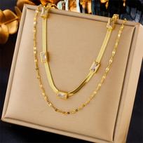 Gold Double Layer Herringbone Necklace with Green Square Gems, Dainty Choker for Women Jewelry Gift skaidri