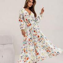 Nauja mada pūstomis rankovėmis kasdienė laisva suknelė moterims elegantiška V formos iškirptė su raštu boho ilgos suknelės moterims vasarinė vintažinė elastinio liemens liekninanti seksuali moteriška suknelė 26092 S balta