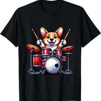 Cute Corgi Dog Playing Drums Drumset Graphic Funny Drummer T-Shirt S juoda