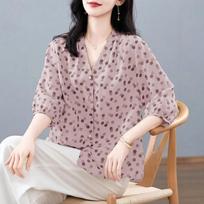 Women's Spring Summer Polka Dot V Neck 3/4 Sleeve Button Blouse M rožinė